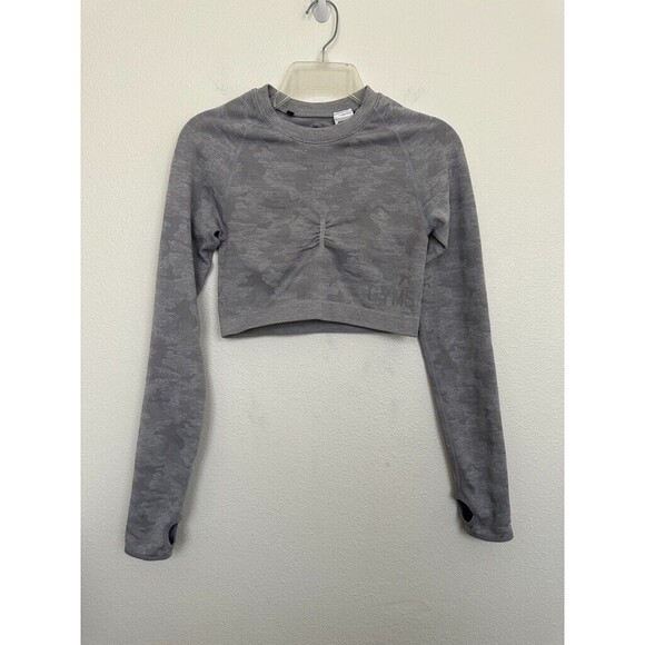 Gymshark Cropped Camo Seamless Long Sleeve Crop Top Gray Cutout Keyhole Medium - Picture 2 of 9